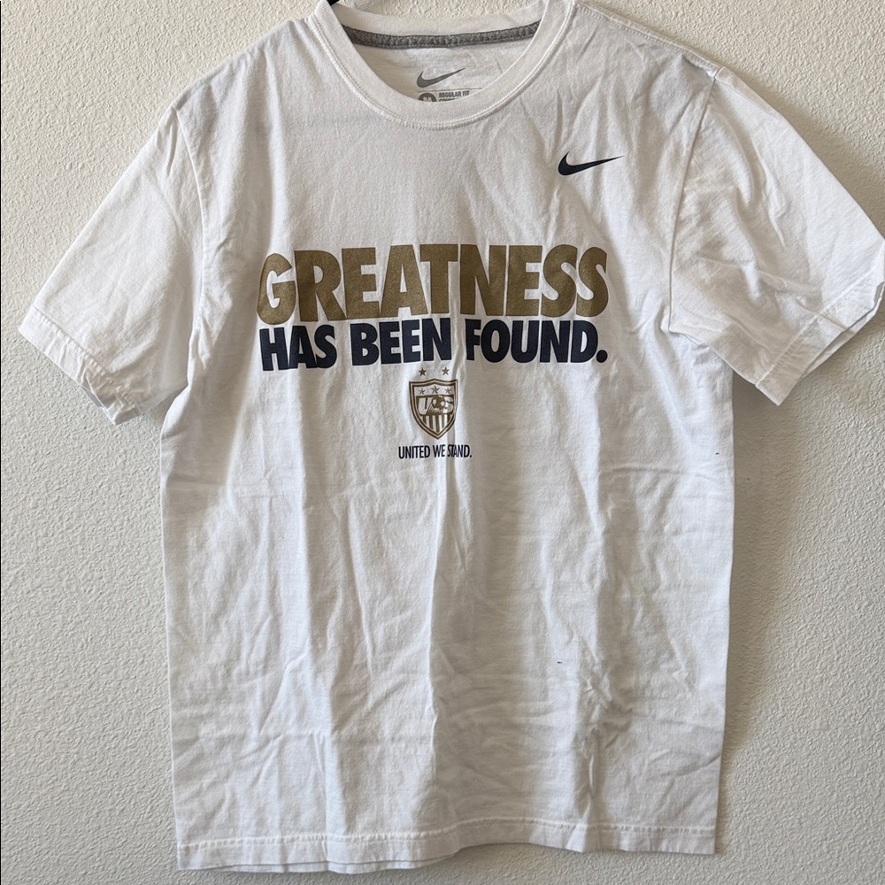Nike White USWNT Tee with Gold & Navy 'Greatness Has Been Found' Graphic